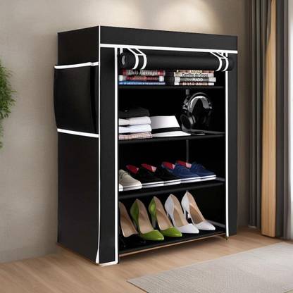 TURBOMAX 4 Layer Black Portable Storage Free Standing Shoe Rack Plastic Shoe Stand