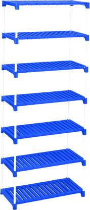 JENATIC Multipurpose Rack , Creta with Wheels (White & Blue) Metal, Plastic Shoe Rack