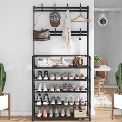 KriShyam ® 3-in-1 Hall Tree Shoe Bench, Entryway Coat Hat Umbrella with 8 Hooks Hanging Metal Collapsible Shoe Stand