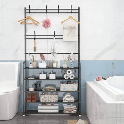 LEOPAX Metal Shoe Rack 3 in 1 Design with 5-Tier and 8 Hooks, Shoe Storage Shelf Bench Metal Shoe Stand