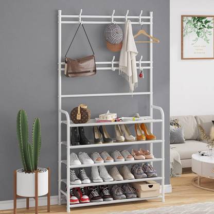 KriShyam ® 3-in-1 Hall Tree Shoe Bench, Entryway Coat Hat Umbrella with 8 Hooks Hanging Metal Collapsible Shoe Stand