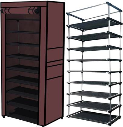 QURACK Multipurpose 9 Tiers Shoe Rack with Zip Door Cover&Side Pockets,Multiuse Storage Plastic Shoe Stand