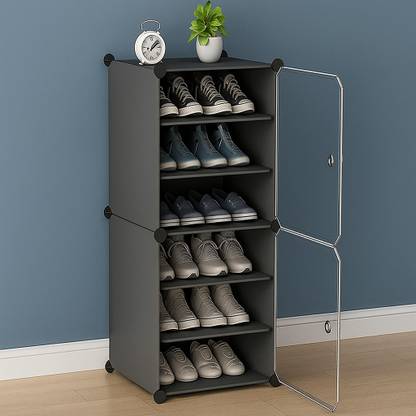 Keekos 6-Shelf-3-Door Plastic Cubort Shoe Rack Metal Collapsible Shoe Stand