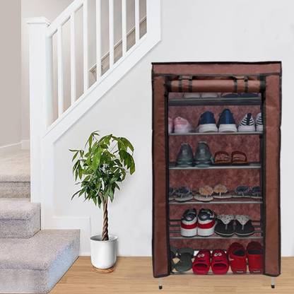 KOnline Metal 6 Tier Rack Shoe/Clothes/book stand Rack with cover -Brown Metal Collapsible Shoe Stand
