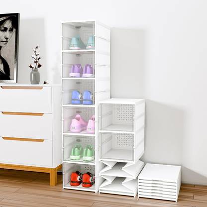 QPBM 6 Layer See Through Foldable Closed Shoes Racks for Home, Shoe Boxes Storage Plastic Collapsible Shoe Stand