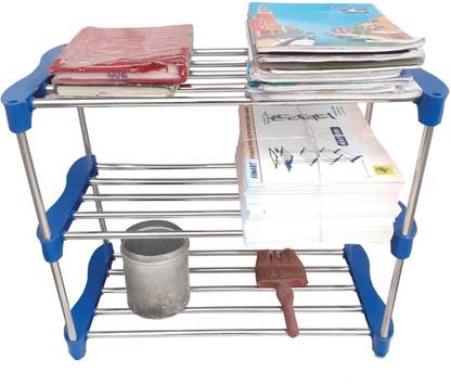 VIMART Stainless Steel Shoe Rack /Multipurpose Table / Multi Utility Rack/Plastic Collapsible Shoe Stand / Book Shelf / Office Table (Number of Shelves - 3, Finish Colour- Blue / Silver) Plastic, Metal Collapsible Shoe Stand