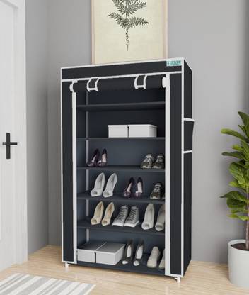 FLIPZON Iron and Fabric Multi-Purpose Shoe Rack, 6 Shelf, Black Metal Shoe Stand