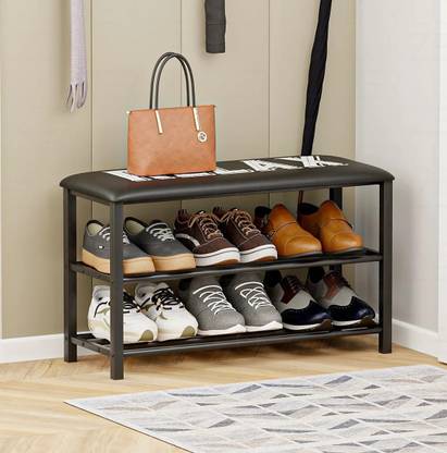 lukzer Metal 2 Layer Shoe Rack with Leather Seat Cushion Padded Bench Storage Organizer Metal Shoe Rack