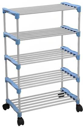 MKW HEAVY DURABLE , MILD STEEL , FOLD ABLE , SPACE SAVING (MADE IN INDIA) MULTI-PURPOSE 5 SHELVES SHOE RACK WITH WHEELS Metal Collapsible Shoe Stand
