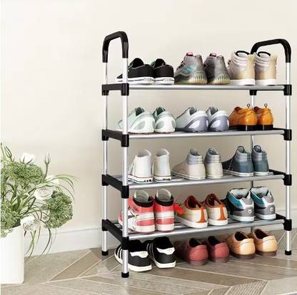 KriShyam 4 layer Stackable Shoe Rack, Free-standing Stainless Steel Shoe Storage Shelf Plastic Collapsible Shoe Stand