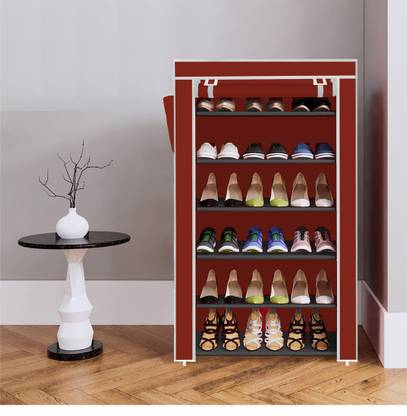 YUMESA 6 Shelf 1 Door Foldable Collapsible ShoeRack Plastic Collapsible Shoe Stand