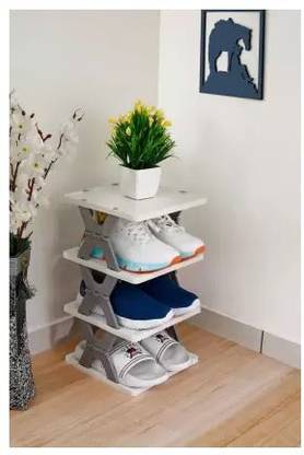 LBON 4 Layer Shoes Stand, Plastic Adjustable Shoe Rack, Folding Shoe Rack Plastic Collapsible Shoe Stand