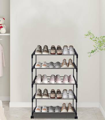 Philoshop Space-Saving 5-Tier Metal Open Shoe Rack With Wheels Metal Collapsible Shoe Stand