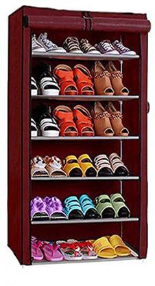 GO HOOKED 6 Layer Multipurpose Portable Folding Shoes Rack/Shoes Shelf/Shoes Cabinet with Wardrobe Cover, Easy Installation Stand for Shoes (Pack of 1) (Maroon) (Metal & Non-Woven Fabric). Metal Shoe Stand