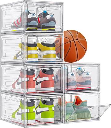 SIRIDHI Pack Of 4 Multipurpose Sneaker Containers Bins,Shoe Storage Box,Clear Plastic Engineered Wood Collapsible Shoe Stand