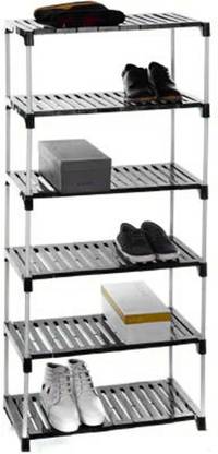 Dhani Creations 6 Shelves,Organiser Foldable Shoe Racks for Home Clothes Rack Black Plastic with White Steel Rods Cheppal Stand Shoes Stand Metal Iron Shoe Rack Metal Collapsible Shoe Stand
