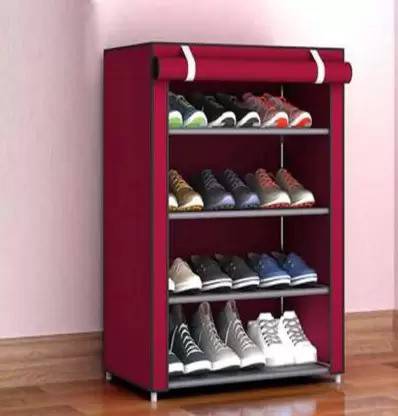 ks creation 4 Layer Multipurpose Folding Shoes Rack Cabinet with Wardrobe Cover { Red} Plastic Shoe Stand