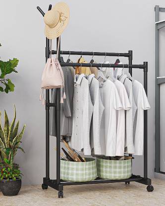 DWELLIT Adjustable Metal Clothes Rack with Wheels & Shelf | Portable Garment Stand Metal Coat and Umbrella Stand