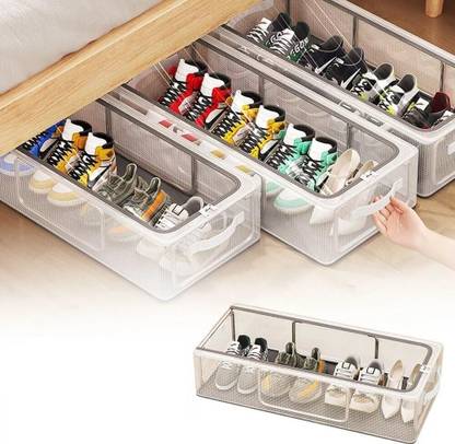Meneflix Foldable Shoe Box Under Bed Storage Organizer, Storage Container with Handle Plastic Collapsible Shoe Stand