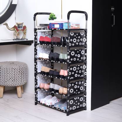 VIKNORT 6-Shelves Black Flower Design Carbon Steel Shoerack Metal, Plastic Collapsible Shoe Stand