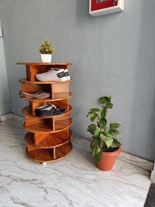 WOODSTAGE Solid Sheesham Wood Round Shape 20 Pairs Shoe Rack with Wheels Solid Wood Shoe Rack