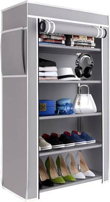 girja 5-Tiers Multipurpose Heavy Metal Folding Shoe Rack with Wardrobe Cover {Grey} Plastic Shoe Stand