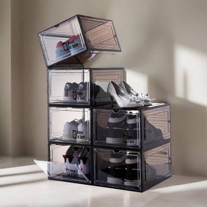 HOUSE OF QUIRK Shoe Boxes with Magnetic Door, Clear Stackable Plastic Shoe Containers Plastic Shoe Rack