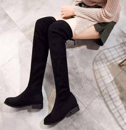 Moonwalk Women Over The Knee Boots Vegan Suede Stretchy Thigh High Flat Heel Booties Boots For Women