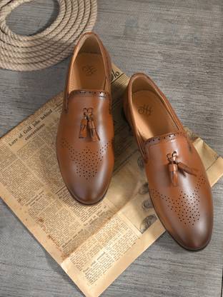 House of Pataudi Men tan formal tasseled solid semi casual formal slip on moccasins loafers shoes For Men