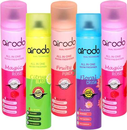 AIRODO Fruity Punch, Magic Rose, Citrus Blast, Floral Crush Premium Fragrance Room Freshener Car Freshener Spray Fruity Punch, Magic Rose, Citrus Blast, Floral Crush Premium Fragrance Room Freshener Spray For Home/Office, Pack of 5 (Each 250 ML)