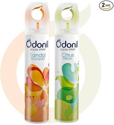 Odonil Sandal, Citrus Spray Room Air Freshener Spray - 440ml Combo (Pack of 2, 220ml each) | Sandal Bouquet & Citrus Fresh | Nature Inspired Fragrance for Home & Office | Long Lasting Fragrance