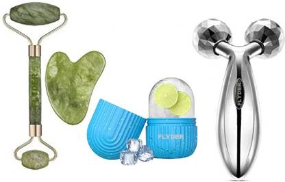 FLYDER Face ice roller,Jade Roller & Gua Sha 100% Natural Stone with 3D Massager.