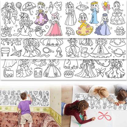 KolorFish Coloring Re-Stick Drawing Paper Roll for Kids, 118X12 Inch Large (Princess) Sketch Pad