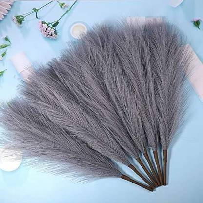 Satyam Kraft 3 Pcs Faux Pampas Grass for Home, Office (Without Vase) Grey Dried Sticks Artificial Flower