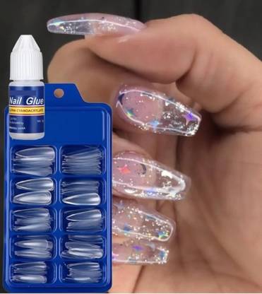 SHIVEXIM Women/ Girls Artificial Nails & Glue Set Of 100 Pcs Nails And 1 Glue Transparent