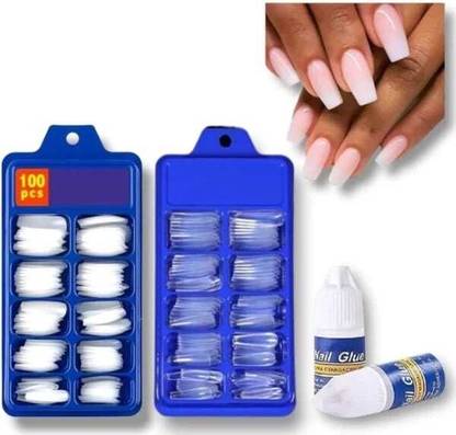 Dexklut Artificial Nails 200 Pieces Reusable Fake Nail Tips with Nail Glue Transparent & White