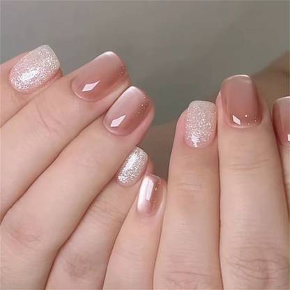 NAKHI 24 Reusable Artificial Fake Nail Set Base Peach colour with Glitter Glossy Nails Peach