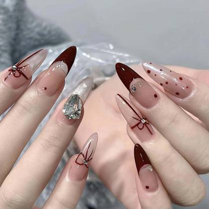 NAKHI 24 ReusableFake Nail Set | Peach Base Colour with Maroon Long Tip Design Nails Peach
