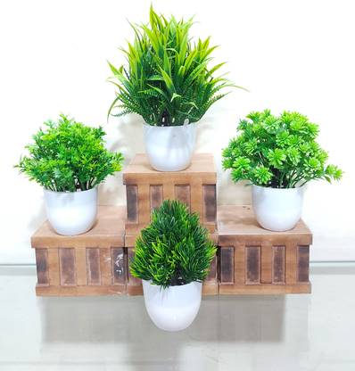 saf SET OF 4 SMALL GREEN ARTIFICIAL PLANTS WITH POT BEST FOR DECORE Bonsai Wild Artificial Plant  with Pot