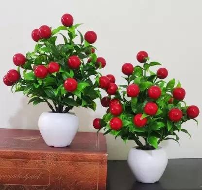 Craftylook Red Cherry Table Flower top for home shop office decoration Artificial Plant Bonsai Artificial Plant  with Pot