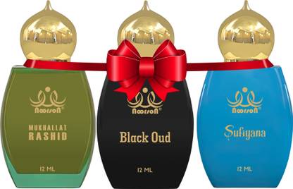 Noorson Mukhallat Rashid, Black Oud & Sufiyana 12 ML Each - Pack of 3 Floral Attar