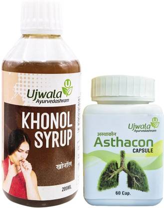 UJWALA AYURVEDASHRAM Asthacon Capsule and Khonol Syrup kit for Asthama,Dry cough,shortness In breath