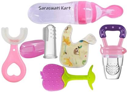 Kidsy Zilla baby fruit nibbler, teether, finger brush, bib, u shape brush & spoon feeding