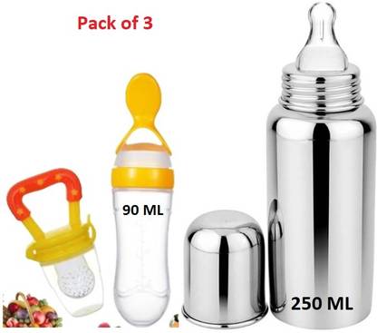 Saraswati kart Stainless Steel Feeding Bottle240ML 304 GRADE Silicone Food Feeding Fruit Feeder - 245 ml  (Yellow:Steel)