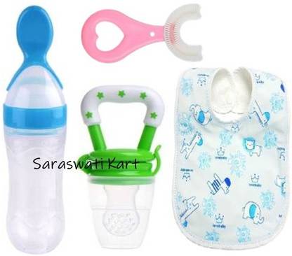 Kidsy Zilla Baby fruit nibbler, u shape brush , bib & spoon feeder for feedingTeether