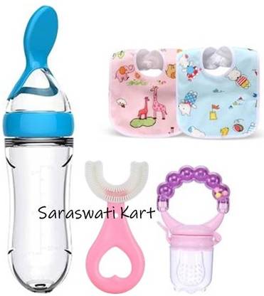 Kidsy Zilla Baby fruit nibler with rattleu shape brush, 2 bib & spoon feeder for feeding
