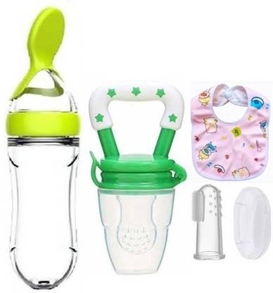 Saraswati kart Baby fruit nibbler, finger brush, bibs & spoon feeder for feeding silicone combo
