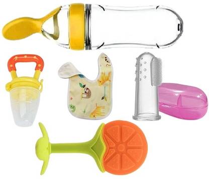 Saraswati kart Baby fruit nibbler, teether, finger brush, bib & spoon feeder for feedingTeether