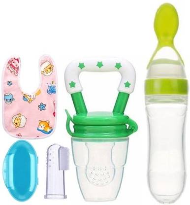 Kidsy Zilla Baby fruit nibbler, finger brush, bibs & spoon feeder for feeding silicone combo