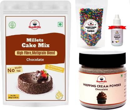 foodfrillz Millet CakeMix(300g)+WhipCream Pow(100 g)+Rainbow(50g)+Van Ess.(20 ml)-CHOCOLATE Self Rising Flour Powder
